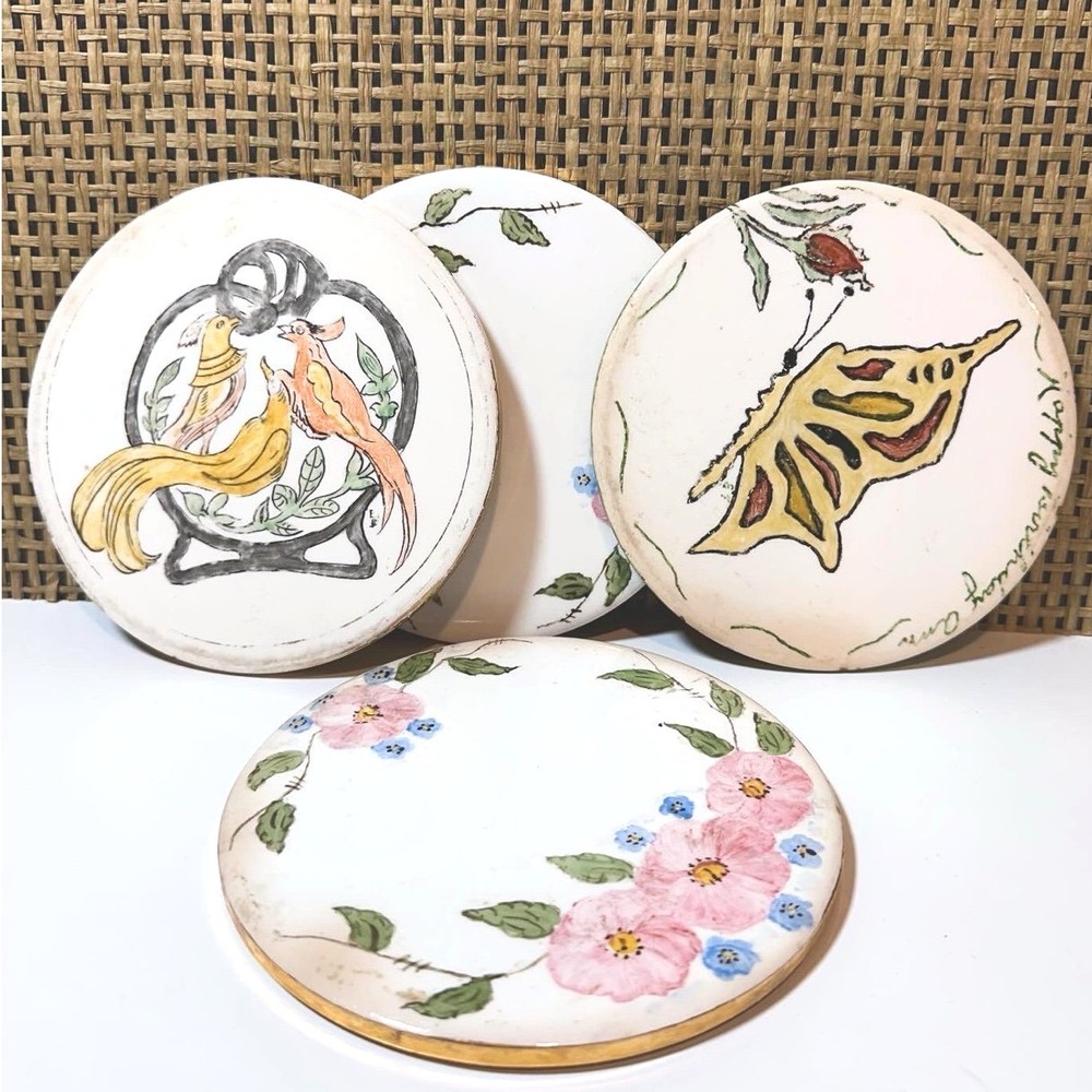 Vintage Antique Ceramic Trivets Wheeling Round Floral Hand-painted Cottage Decor